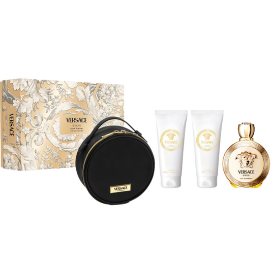 Eros Pour Femme 3.4 OZ EDP + Body Lotion 3.4 OZ + Shower Gel 3.4 OZ + Pouch